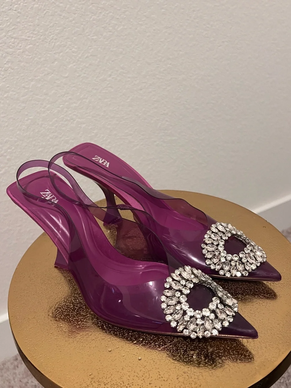 Zara rhinestone embellished vinyl high heels violet purple size 37